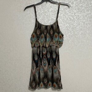 Poetry Spaghetti‎ Strap Chiffon Mini Dress Blouson Peacock Feather Print Lined M